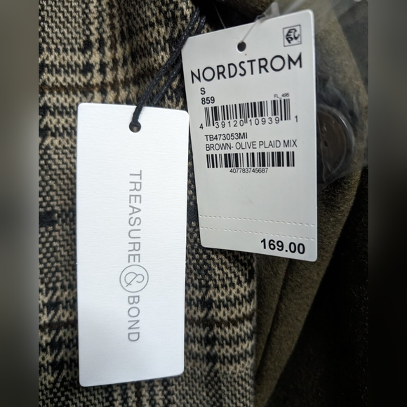 NWT Treasure & Bond Mixed Media Utility Coat Brown Olive Plaid Mix Size S - Picture 11 of 11